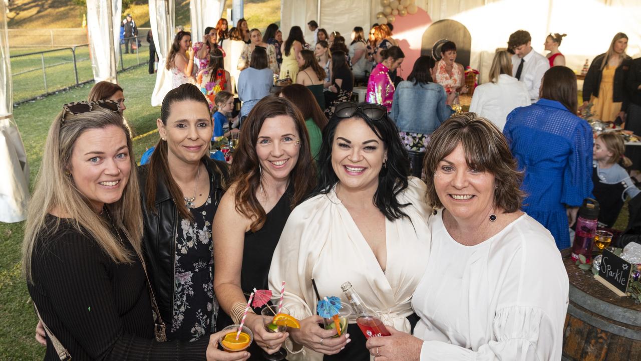 At the Sparkling Soiree Ladies Day are (from left) Tiani Tattam, Jennifer Jones, Bec Steger, Trudy Brown and Kelli Matthews hosted by Willowburn Football Club, Saturday, August 3, 2024. Picture: Kevin Farmer