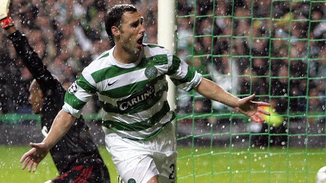 Scott McDonald celebrates scoring for Celtic against AC Milan in the Champions League in 2007. Picture: AP 