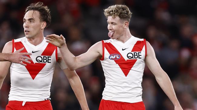 Chad Warner celebrates a goal in round 23. Picture: Darrian Traynor/Getty Images