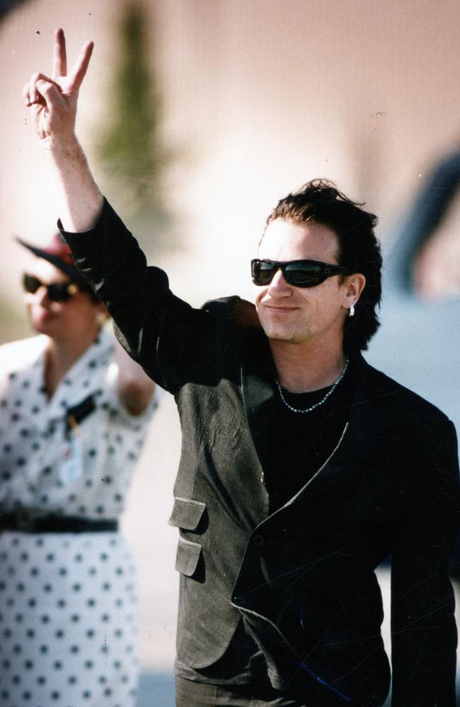 Lead singer Bono from Irish rock band U2 stood by as one of his entourage failed to get into the club in 1998 for wearing open-toed sandals.