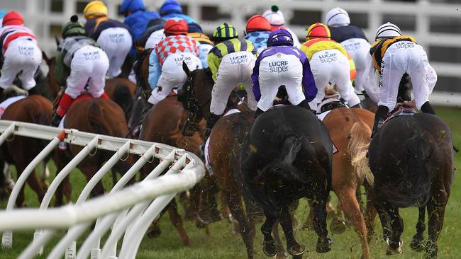 The field rounds the first turn in the Caulfield Cup. Picture: AAP