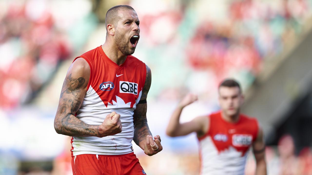 SYDNEY, AUSTRALIA - JULY 23: Lance Franklin of the Swans celebrates kicking a goal during the round 19 AFL match between the Sydney Swans and the Adelaide Crows at Sydney Cricket Ground on July 23, 2022 in Sydney, Australia. (Photo by Brett Hemmings/AFL Photos/via Getty Images)