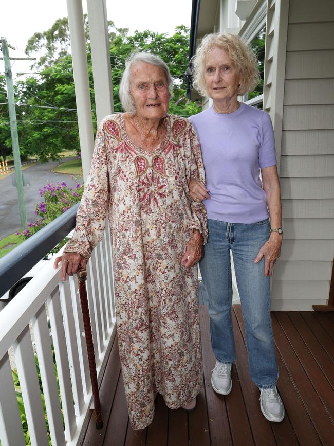 A positive Mina Baker, pictured with her daughter Gail Barfoot, was rescued in a boat last storm. Picture: Annette Dew