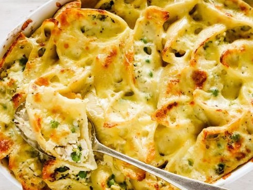 Chicken and broccoli Alfredo-stuffed pasta shells.