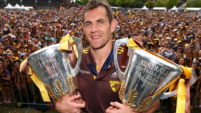 Legendary Hawk Luke Hodge could change his middle name to ‘Premierships’ — he has four of them. Picture: Michael Klein