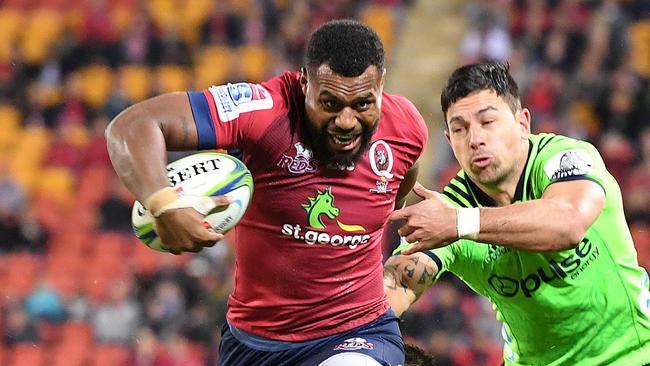 Samu Kerevi of the Reds during the Round 15 Super Rugby match between the Queensland Reds and the Highlanders at Suncorp Stadium in Brisbane, Saturday, May 26, 2018. (AAP Image/Dave Hunt) NO ARCHIVING, EDITORIAL USE ONLY