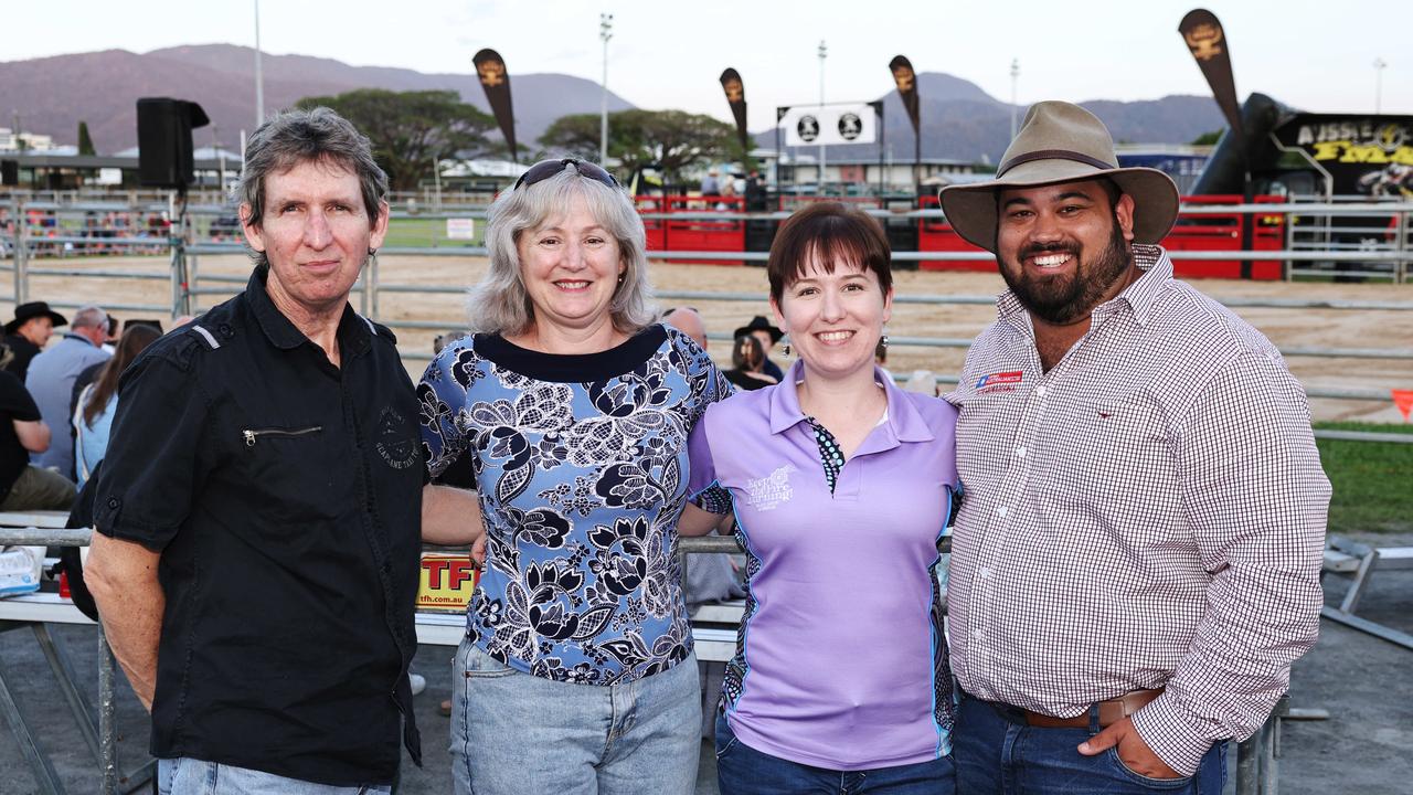 Kevin Bowthorpe, Danielle Bowthorpe, Julie Lesina and Julie Lesina attend the 2024 Cairns Bull Throttle event, a bikes and bulls show, featuring bull riding and freestyle motorcross ridiers at the Cairns Showgrounds. Picture: Brendan Radke