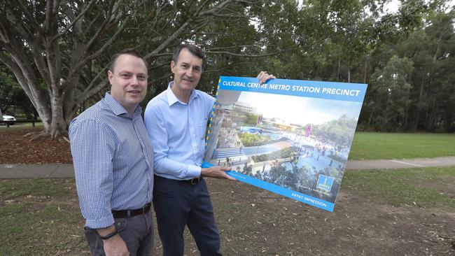 Lord Mayor Graham Quirk (R) and Deputy Mayor Adrian Schrinner welcoming the Federal Government commitment for $300 million to the Brisbane Metro. Pic Mark Cranitch.