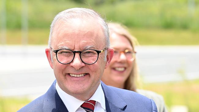 Anthony Albanese was on a Noosa road beside the Bruce Highway to make a $7.2bn pledge to upgrade the highway, which stretches through key regional electorates from Brisbane to Cairns. Picture: NewsWire / John Gass