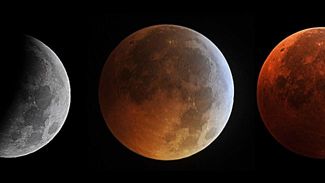 Colourful ... the moon in different stages of a total lunar eclipse.