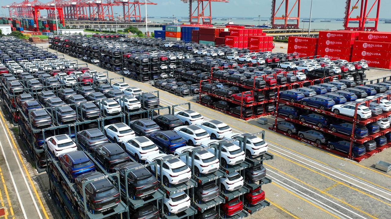 BYD electric cars waiting to be loaded on a ship at Suzhou Port, in China’s eastern Jiangsu Province on January 31. Picture: AFP) / China OUT