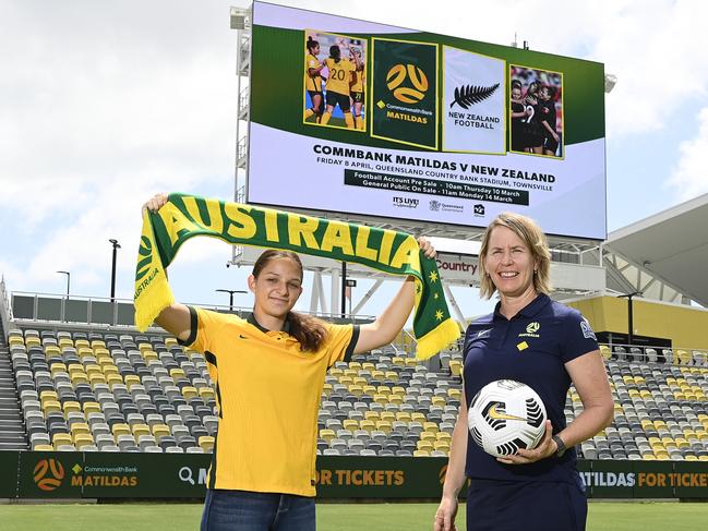 Junior Matilda Layne Chapman and Matilda's assistant coach Mel Andreatta pose during a Matildas media opportunity at Queensland Country Bank Stadium on March 09, 2022 in Townsville, Australia. Picture: Ian Hitchcock/Getty Images for Football Australia