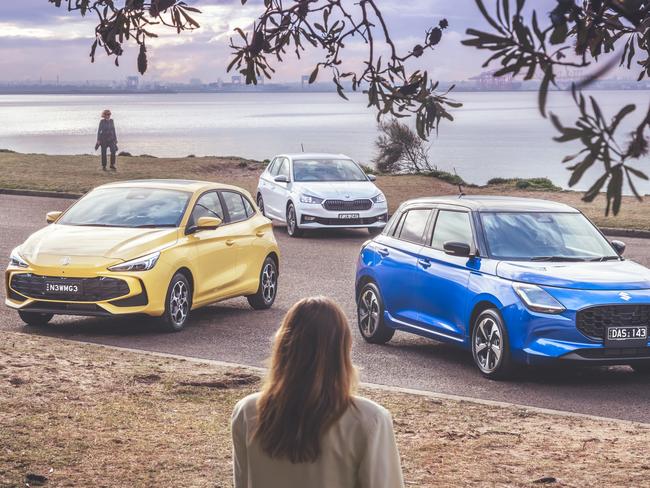 New hatchbacks compared - MG3, Suzuki Swift, Skoda Fabia. Picture: Thomas Wielecki