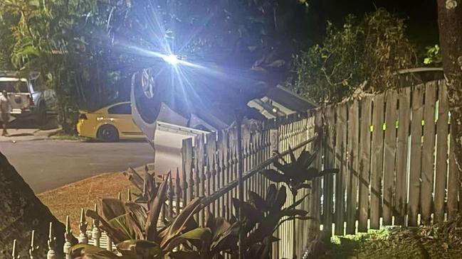 A stolen car crashed and flipped onto its roof in the front yard of a property in the early hours of Wednesday morning, before three people fled the scene. Picture: Supplied.