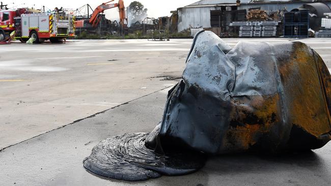 The burnt remains of one of the drums that exploded and became airborne during the fire. Picture: Nicole Garmston