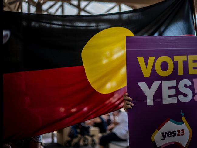 NEWCASTLE, AUSTRALIA - SEPTEMBER 17: People gather during the Walk for YES event at Foreshore Park on September 17, 2023 in Newcastle, Australia. On October 14, 2023, Australians will vote on a referendum to amend the Constitution to recognise First Peoples of Australia and establish an Aboriginal and Torres Strait Islander Voice to Parliament. To pass, the referendum requires a 'double majority'Ã¢â¬â a national majority of  'yes' votes, and a majority of states voting 'yes'. (Photo by Roni Bintang/Getty Images)