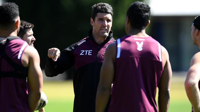 Manly Sea Eagles coach Trent Barrett gestures during a team training session.