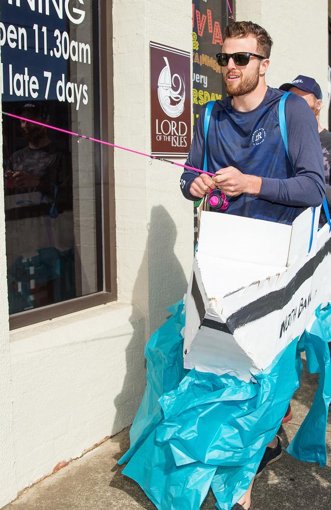 Jordan Murdoch dressed as teammate Patrick Dangerfield in his role as host of fishing show Reel Adventures. Picture: Mark Stewart