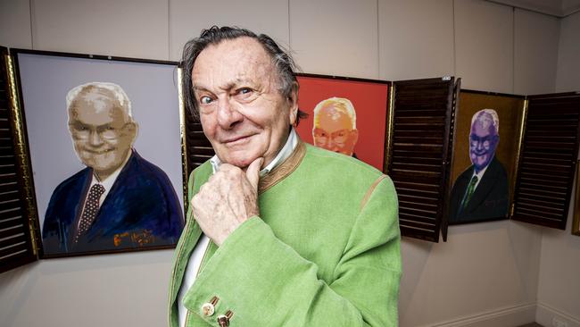 Australian Icon Barry Humphries with his exhibition of paintings at the Philip Bacon Galleries in Fortitude Valley. Photo Lachie Millard