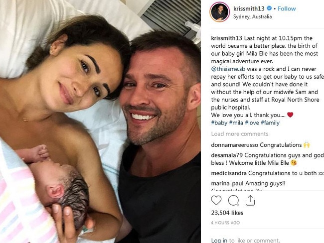 Kris Smith and Sarah Boulazeris with their newborn daughter, Mila Elle. Picture: Instagram