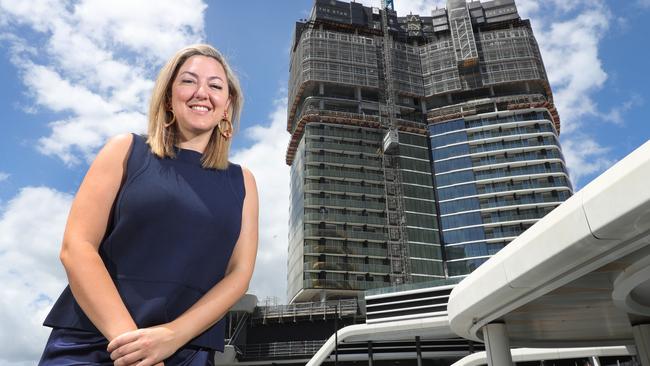 Star's Chief Operating Officer Jess Mellor and the new Dorsett Tower. Picture: Glenn Hampson