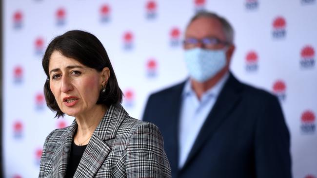 Premier Gladys Berejiklian announces the new mask rules today. Picture: NCA NewsWire/Bianca De Marchi