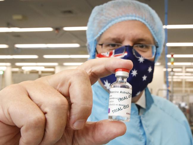 MELBOURNE, AUSTRALIA - FEBRUARY 12: Prime Minister Scott Morrison visits the CSL vaccine manufacturing facility on February 12, 2021 in Melbourne, Australia. Pharmaceutical company CSL is manufacturing Australia's Oxford-AstraZeneca COVID-19 vaccines.  (Photo by David Caird-Pool/Getty Images)