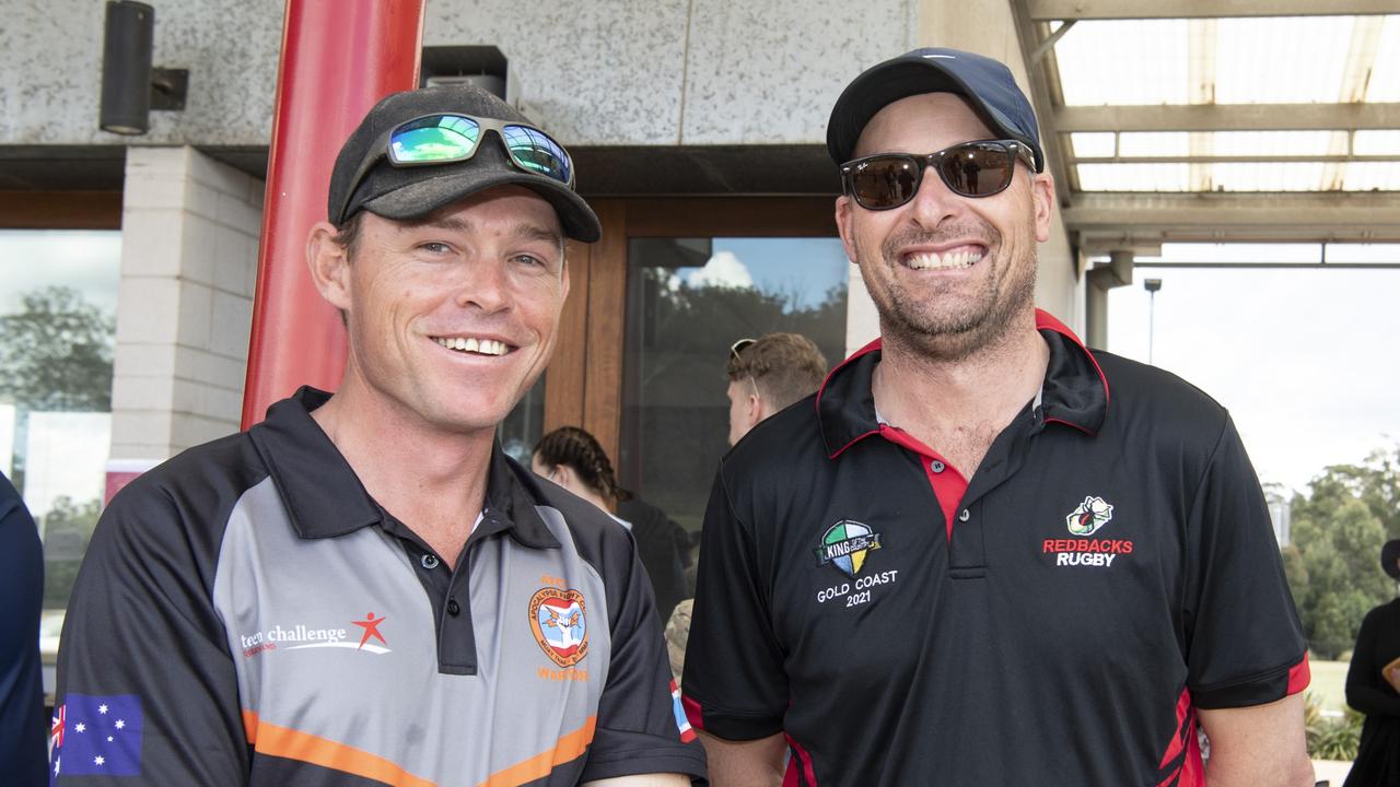 Michael Bond and Steve Sharp at the Brett Forte Super 10s Memorial Rugby Challenge. QPS vs The Army. Saturday, August 14, 2021. Picture: Nev Madsen.