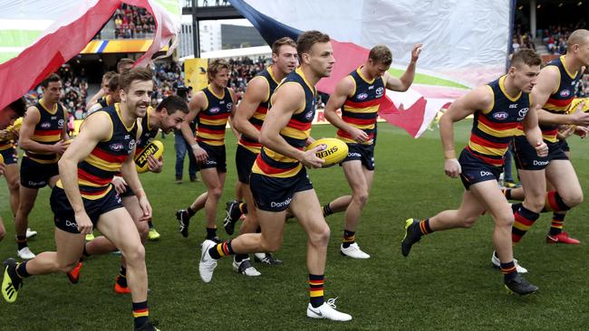 Adelaide’s Brodie Smith makes his return after an ACL knee injury against Port Adelaide in Showdown 45. Picture SARAH REED