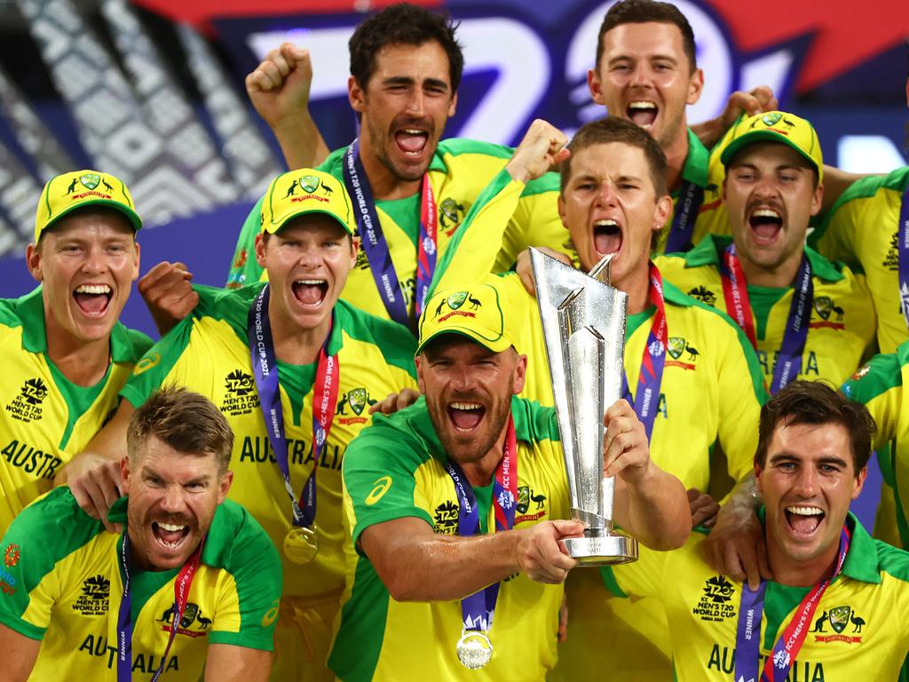 Aaron Finch of Australia lifts the ICC Men's T20 World Cup Trophy in 2021. Picture: Francois Nel/Getty Images