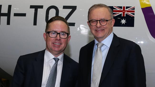 Anthony Albanese, right, with then-Qantas boss Alan Joyce in Sydney in August. Picture: NCA Newswire / Gaye Gerard