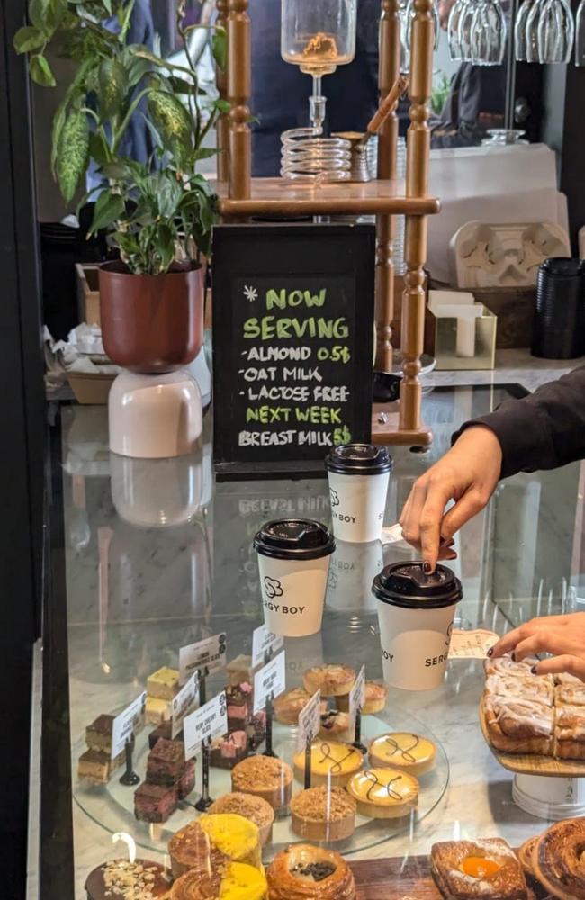 A cheeky sign has been spotted at a Melbourne cafe that advertises breast milk for purchase. Picture: Supplied