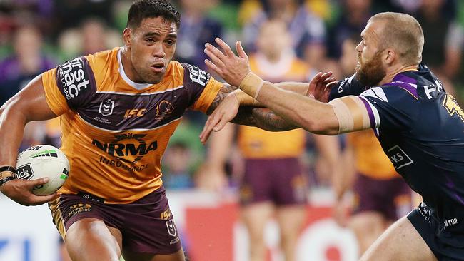 Joe Ofahengaue on the charge for the Broncos. Picture: Getty Images