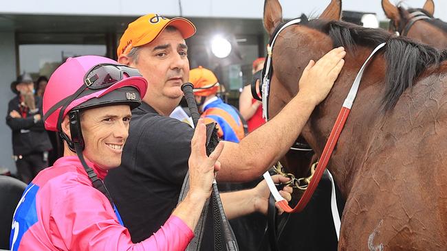 Jay Ford returns to scale after winning The Gong aboard Archedemus. Picture: Getty Images