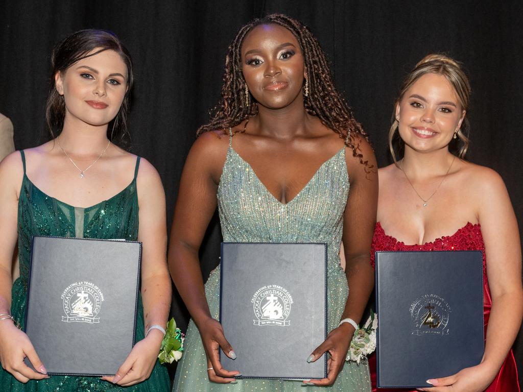 Kaitlin Swadling, Mutsa Kahari and Mia Agustin at Mackay Christian College Formal Thursday 14 November 2024 Picture: Michaela Harlow