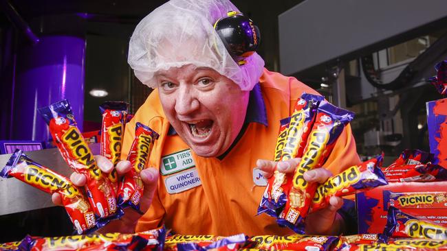 Cadbury's worker Vince Quinonero celebrating 60 years of the Picnic bar last year. Picture: Wayne Taylor.