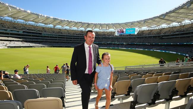 West Australian Premier Mark McGowan and his daughter at Optus Stadium in Perth. Picture: Getty Images