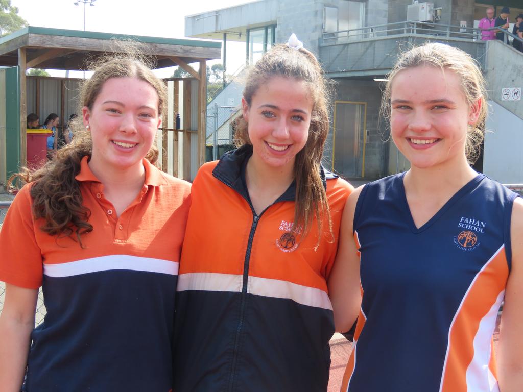 Fahan School's Olivia Sampson, Ella Atkins and Charlotte Jones. Picture: Jon Tuxworth