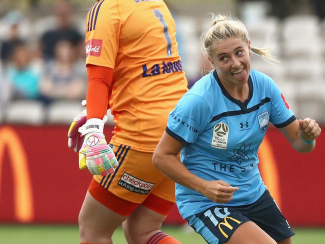 Remy Siemsen of Sydney FC celebrates scoring her second goal during the Round 1 W-League match between Sydney FC and Melbourne Victory at Netstrata Jubilee Stadium in Sydney, Sunday, November 17, 2019. (AAP Image/Jeremy Ng) NO ARCHIVING, EDITORIAL USE ONLY