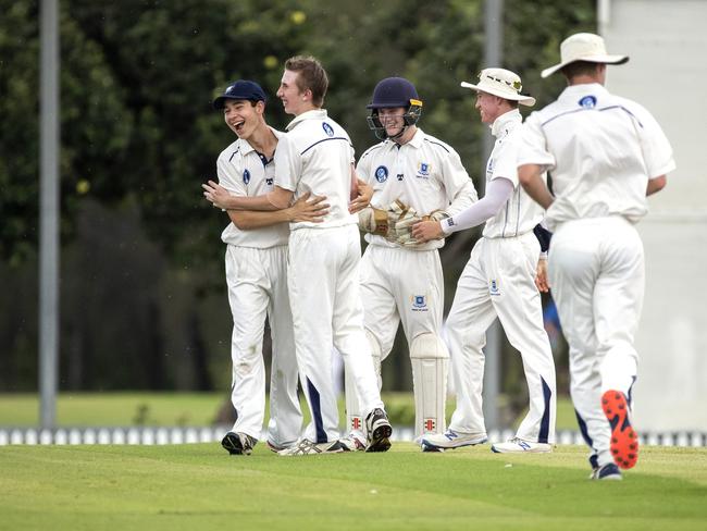 Brisbane Grammar celebrate wicket in the GPS Cricket game between Brisbane Grammar and Anglican Church Grammar (Churchie) at Northgate, Saturday, February 29, 2020 (AAP Image/Richard Walker)