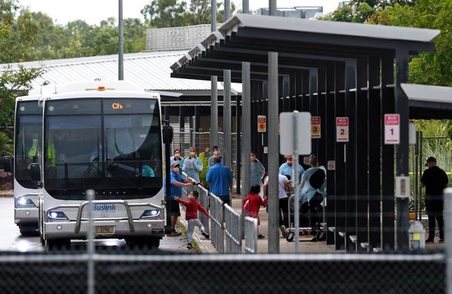 Evacuees from Hubei Province in China arrive via bus at the Manigurr-Ma Camp, Howard Springs on Sunday. Picture: Che Chorley