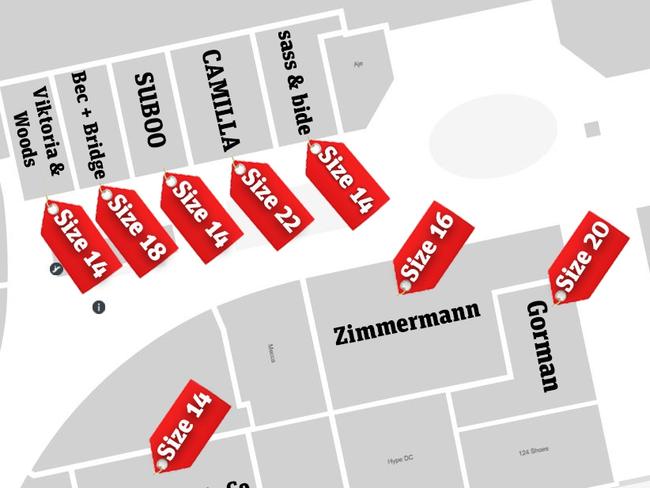 Westfields Bondi Junction clothing sizes map.