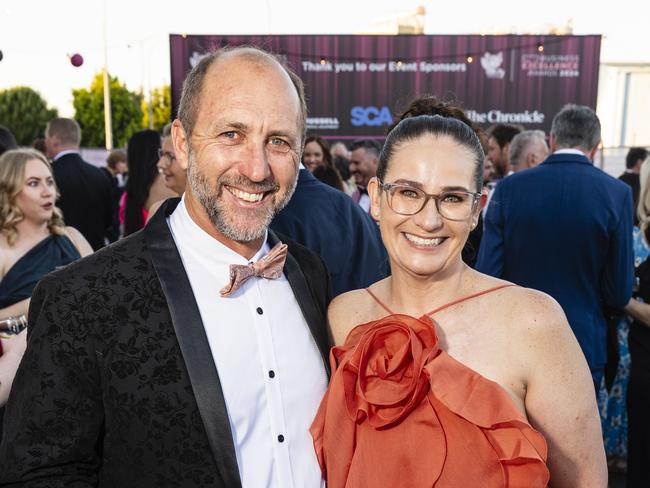 Jeff Lyndon with Toowoomba Chamber president Myf Rigby at the Little Pig Consulting Business Excellence Awards at Rumours International, Saturday, October 19, 2024. Picture: Kevin Farmer