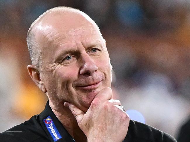 ADELAIDE, AUSTRALIA - APRIL 13: Ken Hinkley, Senior Coach of the Power looks on after the win during the round five AFL match between Port Adelaide Power and Hawthorn Hawks at Adelaide Oval, on April 13, 2025, in Adelaide, Australia. (Photo by Quinn Rooney/Getty Images)