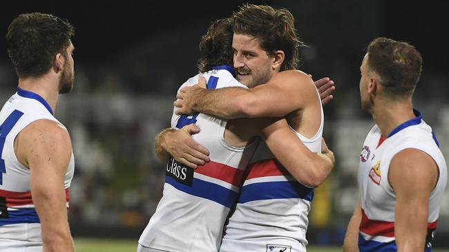 The Bulldogs celebrate after qualifying for the 2020 finals series.