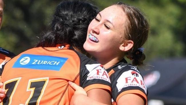 Stephanie Goodworth celebrates for the Wests Tigers. Picture: Campbelltown Collegians