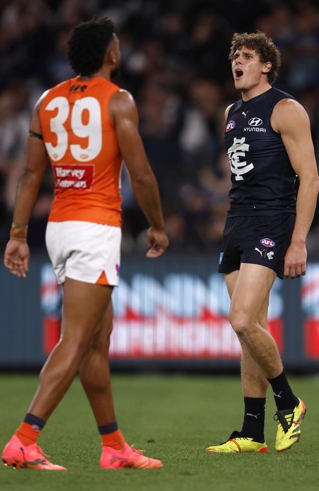 Charlie Curnow was on fire against the Giants. Picture: Darrian Traynor/Getty Images