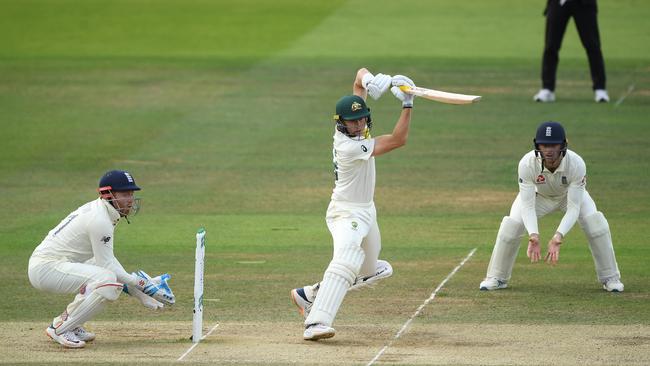 Australia’s concussion substitute Marnus Labuschagne hits out during the final day of the second Ashes Test at Lord’s. Picture: Getty Images