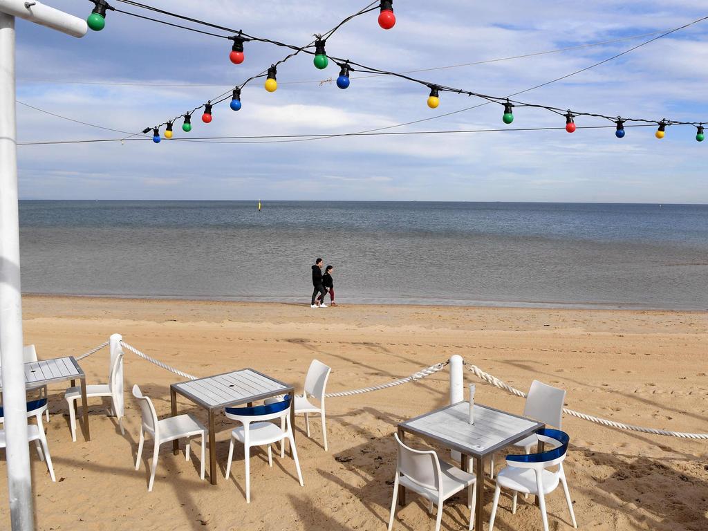 People walk past a closed cafe on Melbourne's St Kilda Beach foreshore.