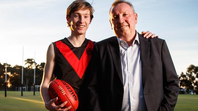 Rostrevor College and Norwood rising star Max Michalanney with his dad Jim. The young champion looks set to make his mark on the AFL stage in the near future. Picture: Matt Turner